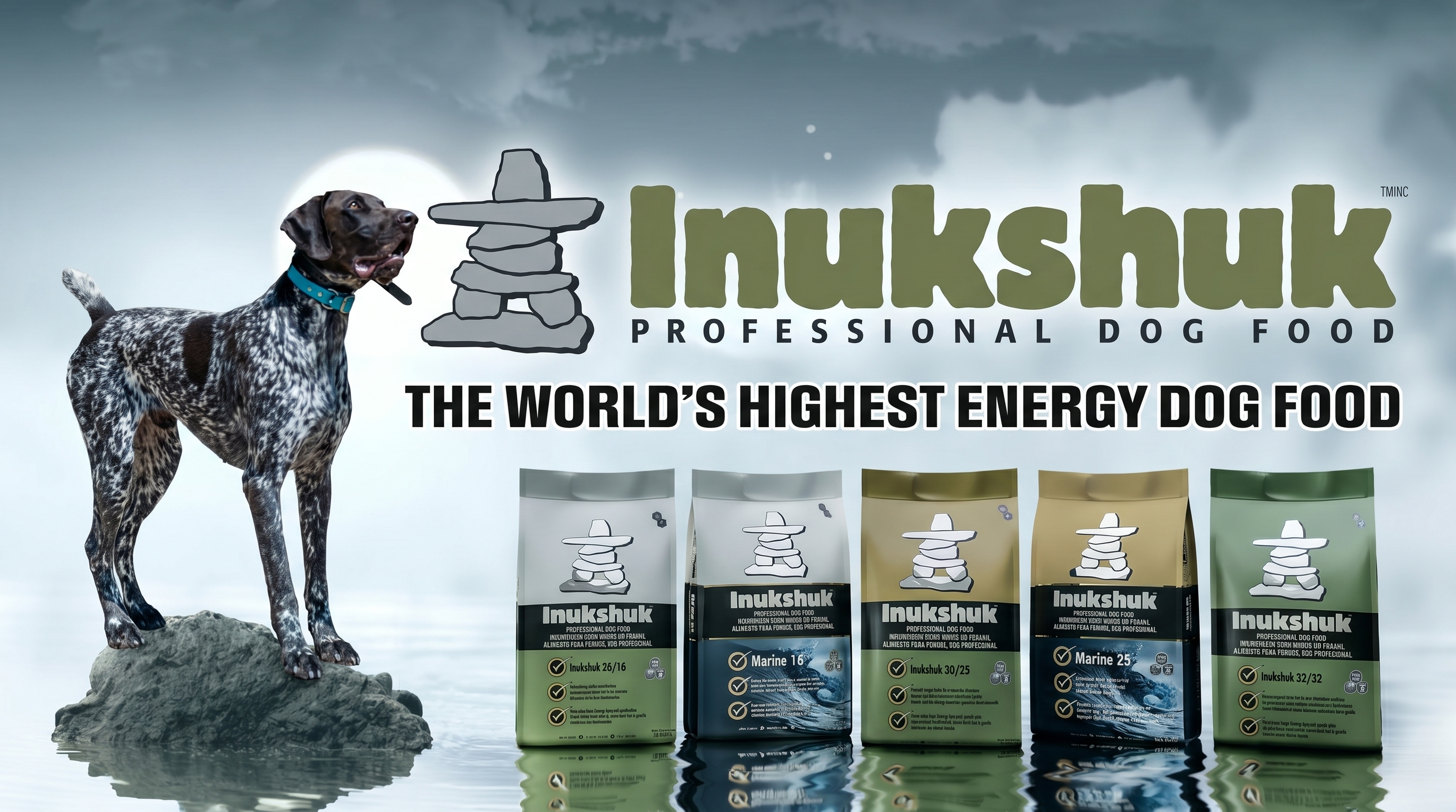 Full Inukshuk Professional Dog Food bag lineup with Belgian Malinois